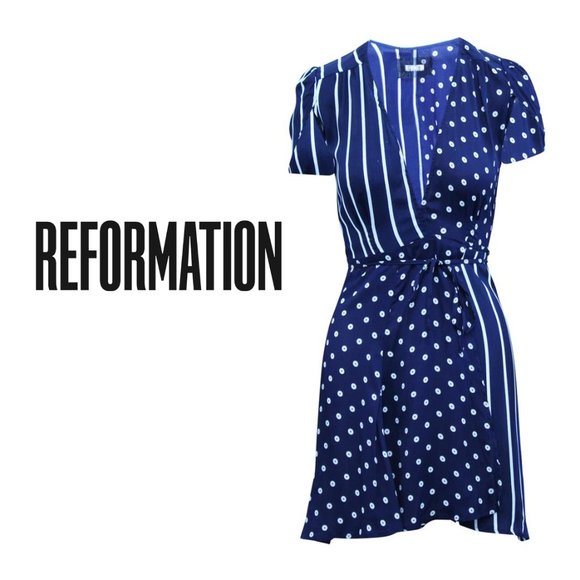 Reformation Dresses & Skirts - REFORMATION Polka Dots + Stripes Mini Wrap Dress